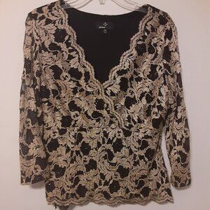 Ronni (XL) Gold & Black Metallic Lace Top w/Long Sleeves & V Neck. Fully Lined.